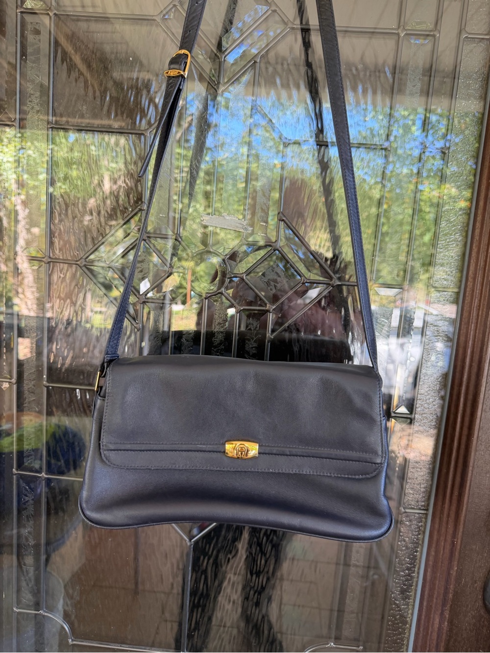 Etienne Aigner Black Leather Shoulder Bag with Gold-Tone Hardware